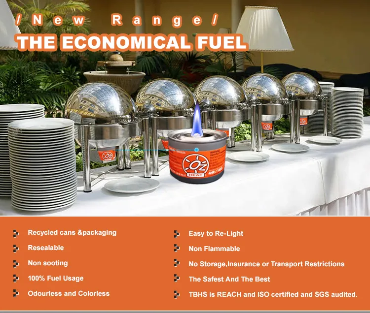 100% Full Usage Safe Ecofriendly Long Burning Wick Chafing Food Heating Safe Fuel with Metal Cap