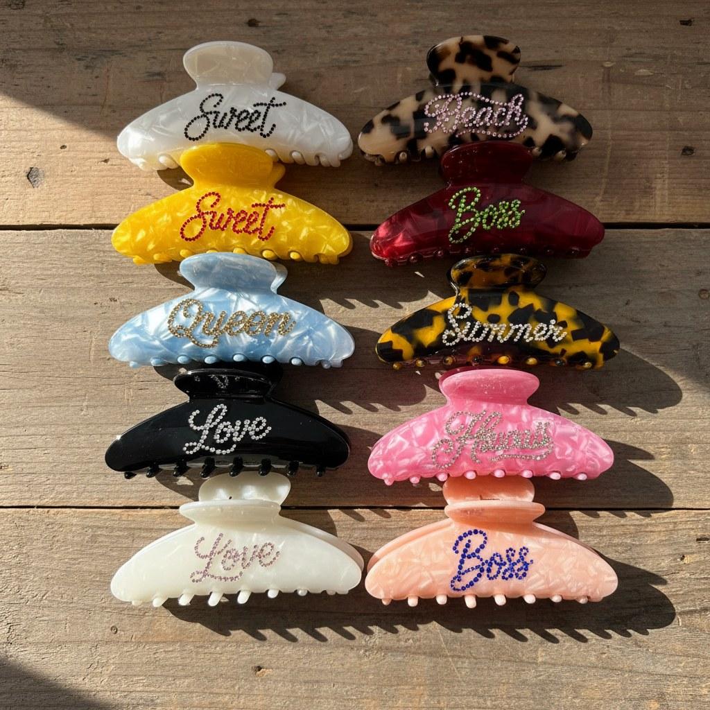 What is the Minimum Order Quantity for Custom Logo Colorful Rhinestones Acetate Hair Claw Clips