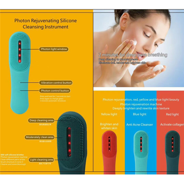 Electric Facial Cleansing Brush 3 LED Photon Silicone Sonic Face Brush Deep Cleansing Exfoliating Removing Blackhead