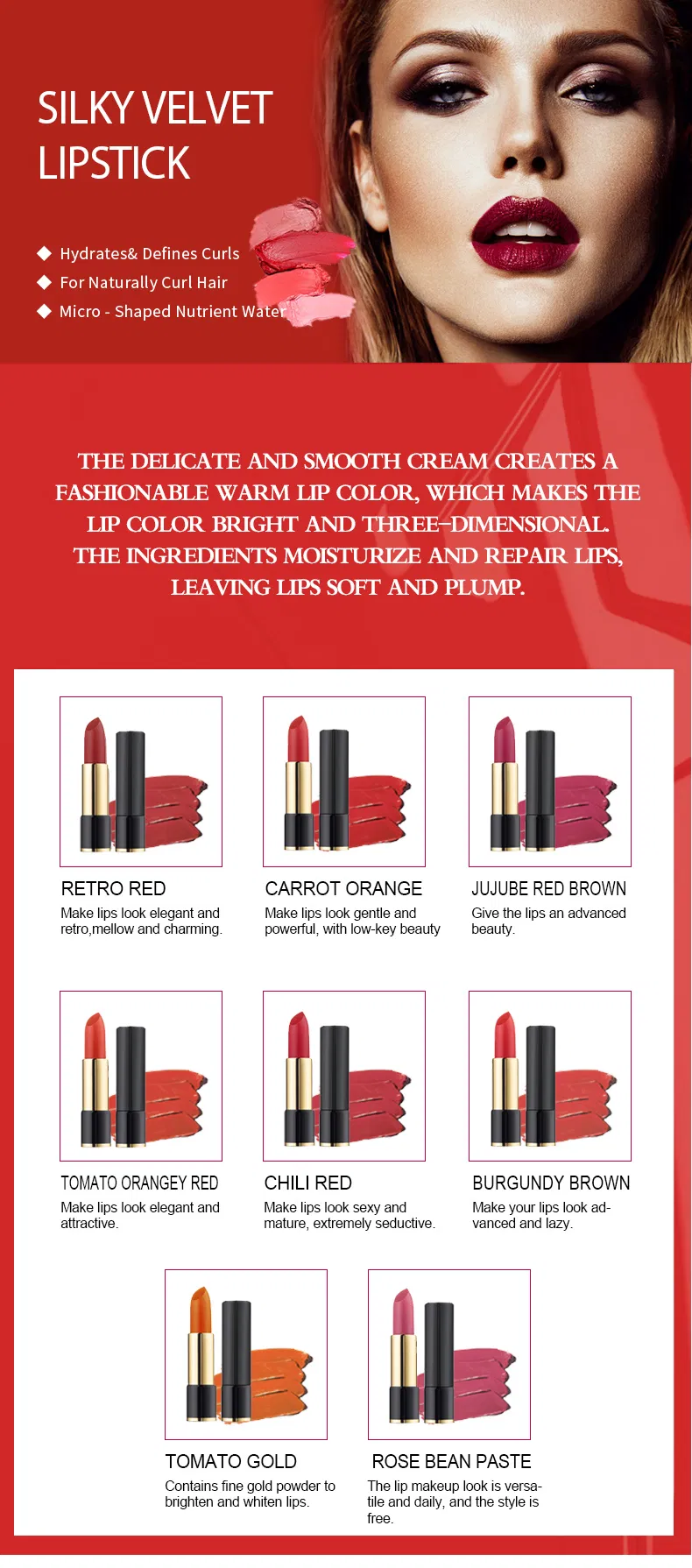 GMPC Factory OEM New Moisturizing and Sweet Silky Velvet Lipstick Skin Care Beauty Care Cosmetic